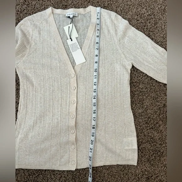 NWT White + Warren Linen Gauze Verigated Ribbed Cardi Top in Oatmeal Heather - Picture 9 of 13